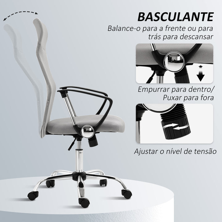 Cadeira de Escritório Cadeira de Secretária de Tecido de Malha Encosto para a Cabeça de PU Mecanismo de Inclinação de Encosto Alto Carga de 120 kg 63x65x109-119 cm Cinza