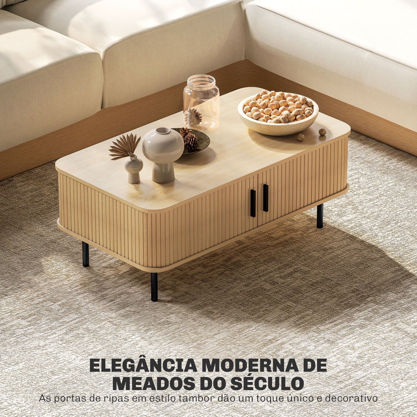 Mesa de Centro Mesa de Centro para Sala de Estar Mesa Auxiliar com 2 Portas de Correr 2 Compartimentos e Pés de Aço para Sala de Estar Quarto 100x55x40 cm Carvalho