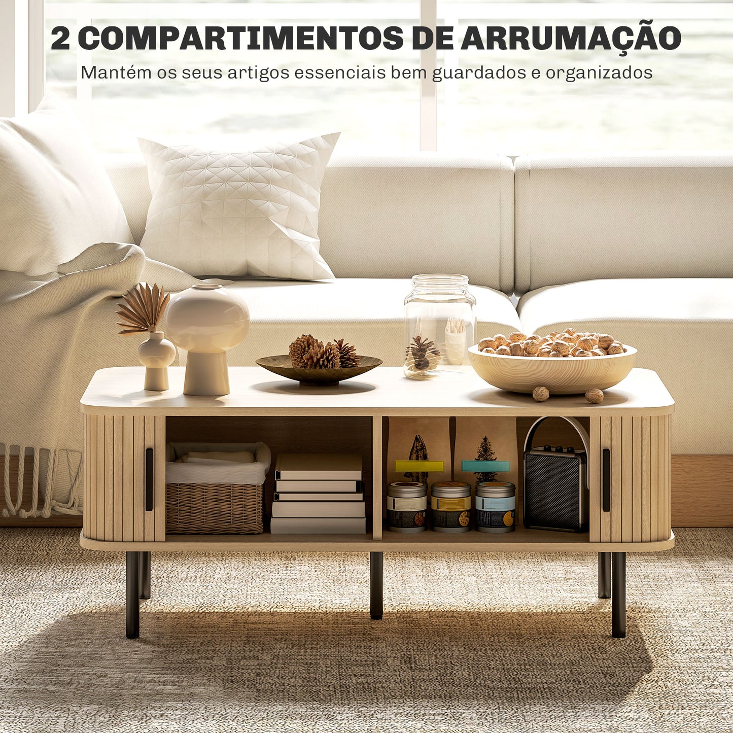 Mesa de Centro Mesa de Centro para Sala de Estar Mesa Auxiliar com 2 Portas de Correr 2 Compartimentos e Pés de Aço para Sala de Estar Quarto 100x55x40 cm Carvalho