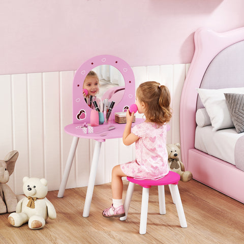 Toucador Infantil com Banco e Espelho Toucador para Meninas com Desenhos de Corações Mesa de Maquilhagem para Crianças de 3-6 Anos 60x43,5x83 cm Rosa