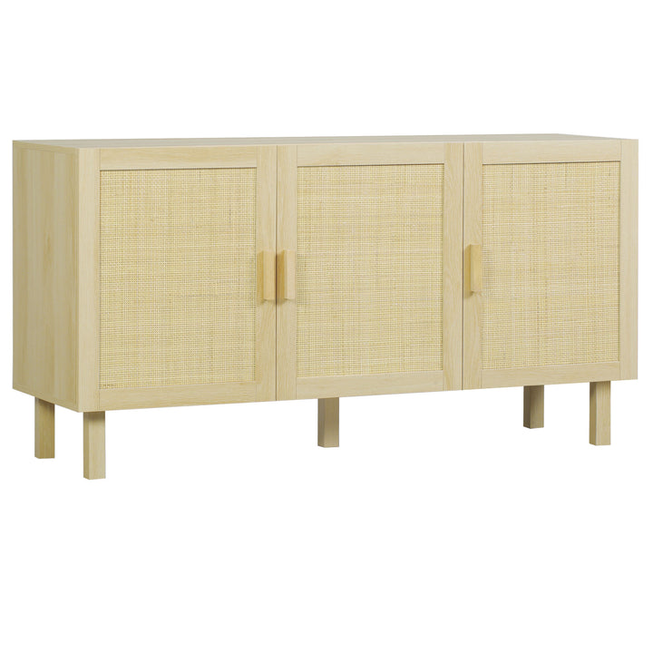 Aparador 3 Portas com Palhinha Aparador Estilo Cannage para Sala de Estar com Prateleiras Ajustáveis para Sala de Jantar Entrada Quarto 136x41x70 cm Madeira