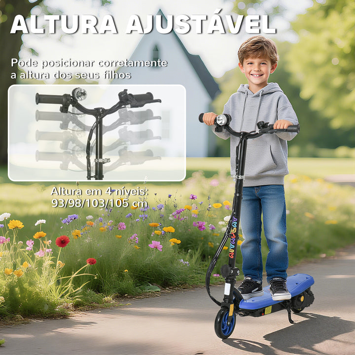 Trotinete Elétrica para Crianças de 7-14 Anos Dobrável Trotinete Elétrica Velocidade Máx. 12 km/h Motor 120 W Autonomia Máxima 10 km com Guiador Ajustável em Altura Farol LED e Travão 75x48x93-105 cm Azul