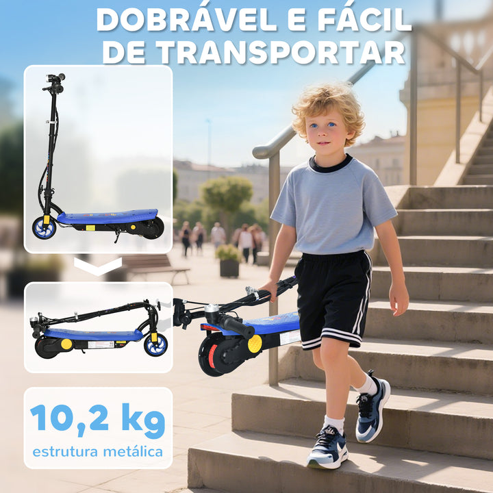 Trotinete Elétrica para Crianças de 7-14 Anos Dobrável Trotinete Elétrica Velocidade Máx. 12 km/h Motor 120 W Autonomia Máxima 10 km com Guiador Ajustável em Altura Farol LED e Travão 75x48x93-105 cm Azul