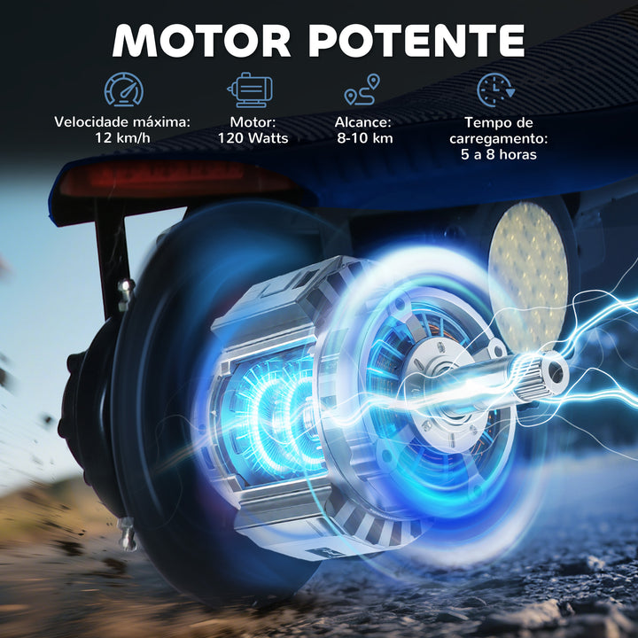 Trotinete Elétrica para Crianças de 7-14 Anos Dobrável Trotinete Elétrica Velocidade Máx. 12 km/h Motor 120 W Autonomia Máxima 10 km com Guiador Ajustável em Altura Farol LED e Travão 75x48x93-105 cm Azul