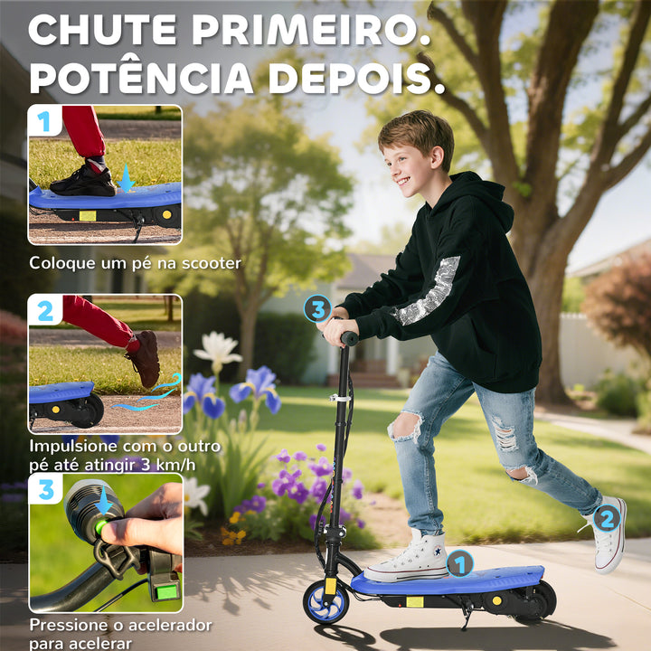Trotinete Elétrica para Crianças de 7-14 Anos Dobrável Trotinete Elétrica Velocidade Máx. 12 km/h Motor 120 W Autonomia Máxima 10 km com Guiador Ajustável em Altura Farol LED e Travão 75x48x93-105 cm Azul