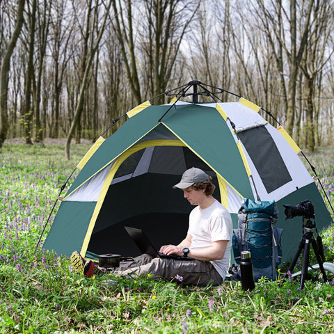 Tenda de Campismo para 3 Pessoas Tenda de Campismo Dobrável com 1 Porta 3 Janelas Bolsa de Transporte e Abertura Automática para Praia Parque 205x195x135 cm Verde
