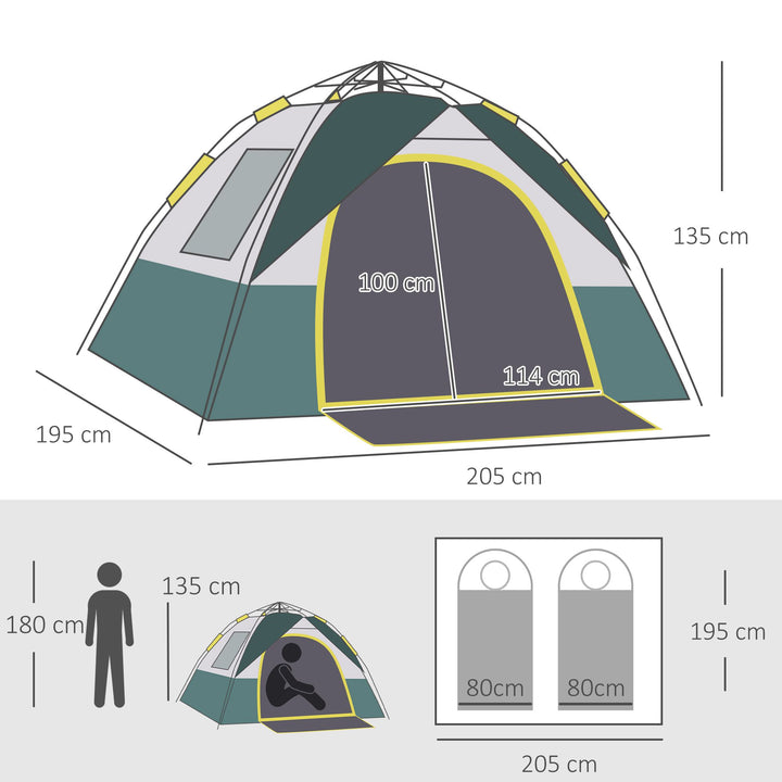 Tenda de Campismo para 3 Pessoas Tenda de Campismo Dobrável com 1 Porta 3 Janelas Bolsa de Transporte e Abertura Automática para Praia Parque 205x195x135 cm Verde