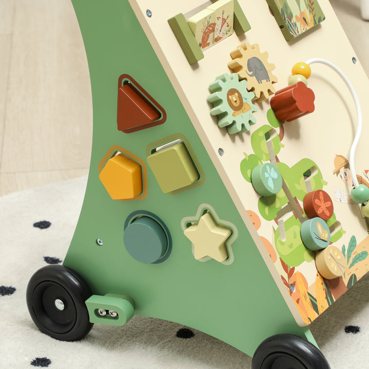 Andador de Madeira para Bebé Centro de Atividades de Aprendizagem Montessori com Controlo de Velocidade com Xilofone Engrenagens Labirinto Contas para Crianças a partir de 18 Meses 33,5x36x46,8 cm Verde