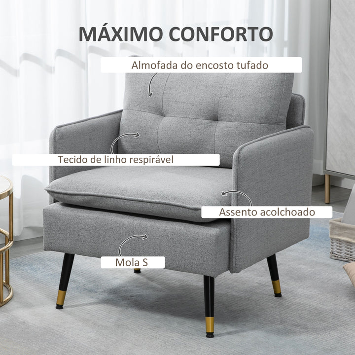 Poltrona Sala de Estar Poltrona Relax com Apoio para os Braços Assento Acolchoado e Pés de Aço Sofá Individual Moderno para Dormitório 76x68x80 cm Cinza