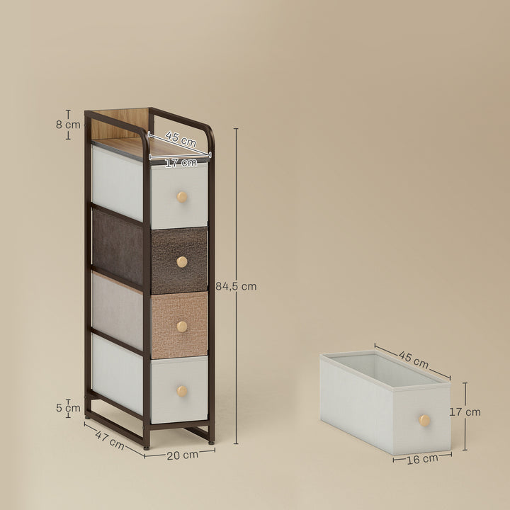 Cómoda com 4 Gavetas de Tecido Dobráveis, Cómoda Estreita para Quarto com Estrutura Metálica, Gaveteiro para Espaços Pequenos, Sala de Estar, Closet, Casa de Banho, Multicolorido