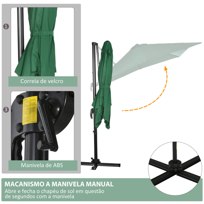 Chapéu de Sol de Jardim 245x245x245 cm Chapéu de Sol Excêntrico com Rotação 360° Inclinação de 3 Níveis com Manivela e Ventilação para Pátio Terraço Verde