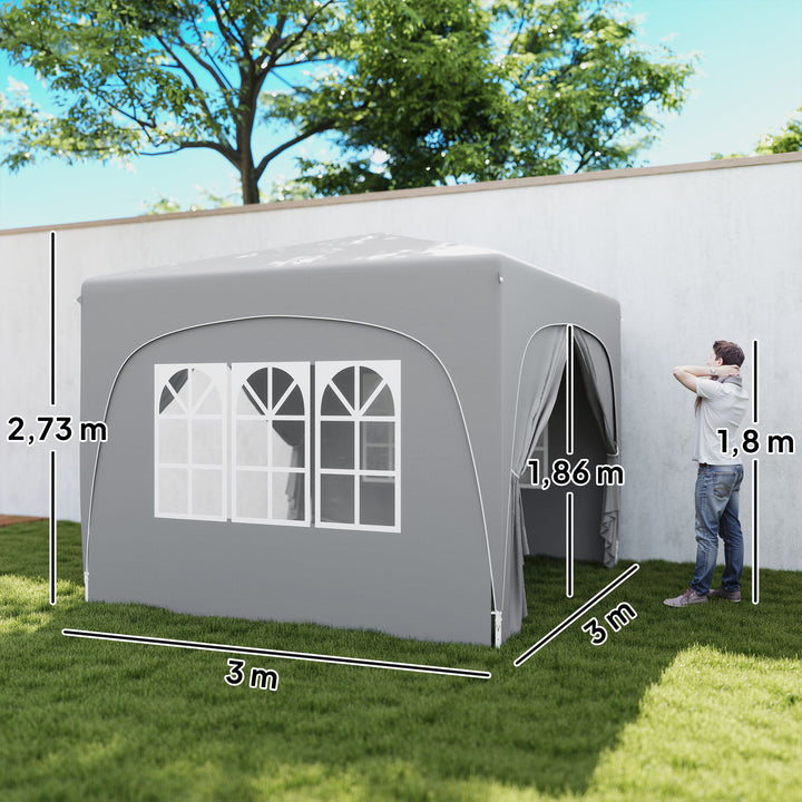 Tenda Dobrável Tenda 3x3 m com Painéis Laterais UPF50+ Tenda de Jardim com Altura Ajustável e Bolsa de Transporte para Campismo Festas Pátio Cinza Claro
