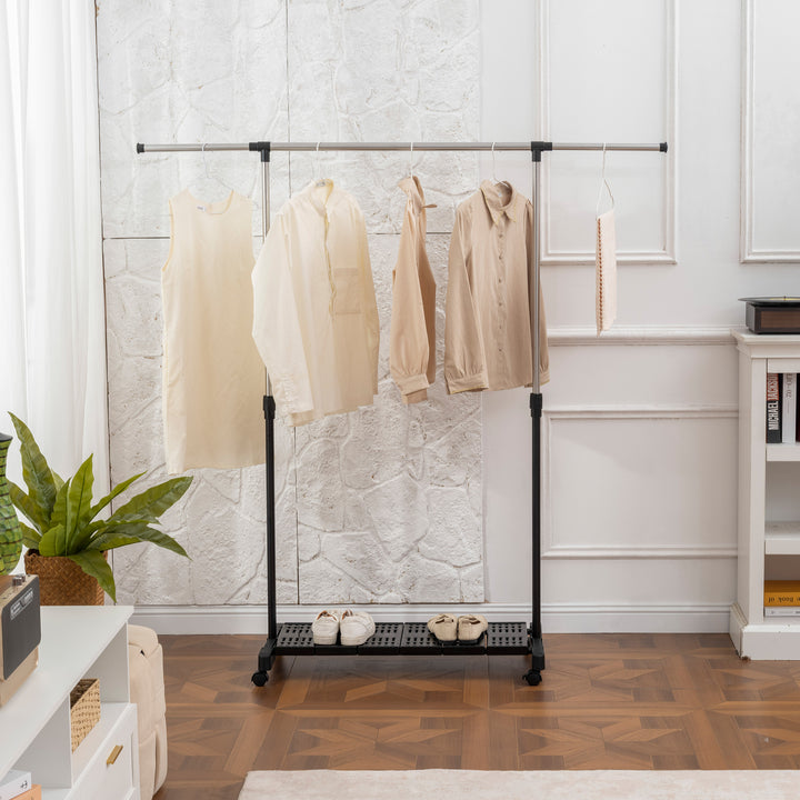 Charriot Extensível com Rodas Charriot de Roupa com Barra de Aço Inoxidável e Prateleira para Sapatos Altura Ajustável para Interior 94-159x42x93-168 cm Preto