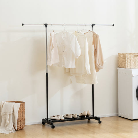 Charriot Extensível com Rodas Charriot de Roupa com Barra de Aço Inoxidável e Prateleira para Sapatos Altura Ajustável para Interior 94-159x42x93-168 cm Preto