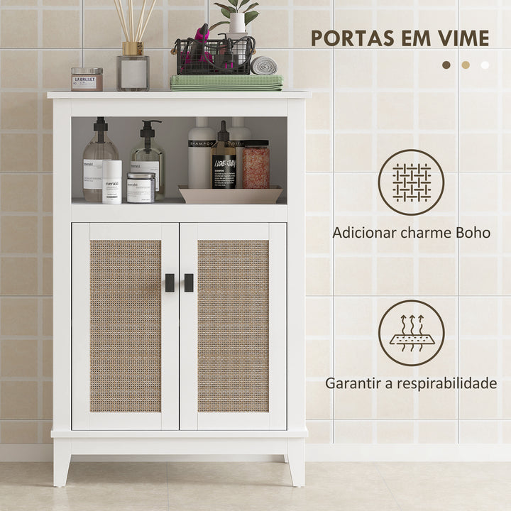 Armário Casa de Banho Móvel Auxiliar Casa de Banho com 2 Portas em Vime Prateleira Ajustável e Compartimento Aberto 60x30x90 cm Branco
