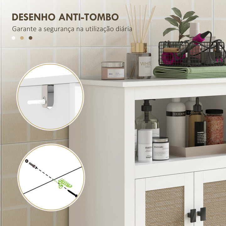 Armário Casa de Banho Móvel Auxiliar Casa de Banho com 2 Portas em Vime Prateleira Ajustável e Compartimento Aberto 60x30x90 cm Branco