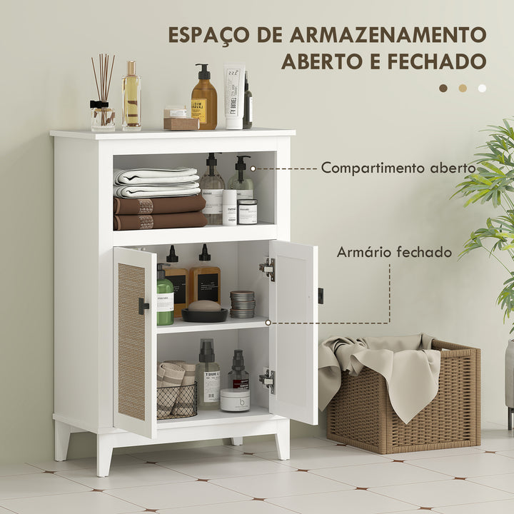 Armário Casa de Banho Móvel Auxiliar Casa de Banho com 2 Portas em Vime Prateleira Ajustável e Compartimento Aberto 60x30x90 cm Branco