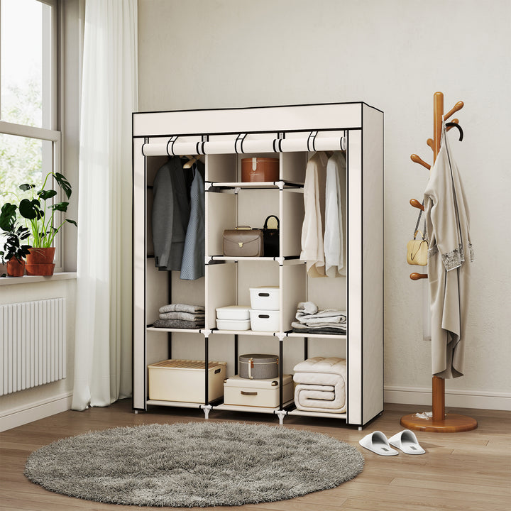 Roupeiro de Tecido Dobrável Armário Portátil com 8 Prateleiras de Armazenamento e 2 Barras de Pendurar Organizador de Roupa para Dormitório Vestidor 125x43x162,5cm Creme