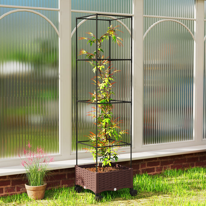 Floreira com Treliça Ajustável Floreira Exterior com Rodas Bloqueáveis para Plantas Trepadeiras com Orifícios de Drenagem Floreira Elevada para Jardim Pátio Terraço 40x40x165 cm Castanho