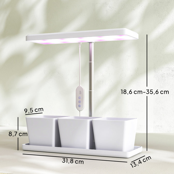 Luz de Crescimento com 30 LED de Espectro Completo Ajustável em Altura com Temporizador Automático 8/12/16/24H 5 Níveis de Brilho e 3 Vasos para Estufa Jardim 31,8x13,4x18,6-35,6 cm Branco
