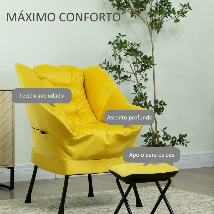 Poltrona Sala de Estar com Apoio para os Pés Poltrona Relax para Leitura com Bolsos Laterais e Pés de Aço para Sala de Estar Dormitório 80x78x100 cm Amarelo
