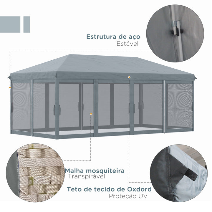 Tenda Dobrável 585x295x270 cm Tenda de Jardim com 6 Mosquiteiros Bolsa de Transporte e Estrutura de Aço para Campismo Festas Cinza
