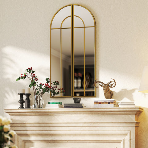 Espelho Decorativo de Parede com 2 Peças 30x120 cm Espelho em Forma de Arco e Estrutura de Metal Espelho para Sala de Estar Dormitório Entrada Dourado