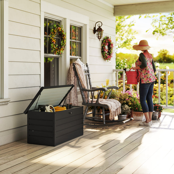 Baú de Arrumação Exterior Capacidade 311L Baú de Arrumação de Aço com Fechadura Chave Pistões Pneumáticos para Jardim Varanda Pátio 120x62x62 cm Cinza Escuro