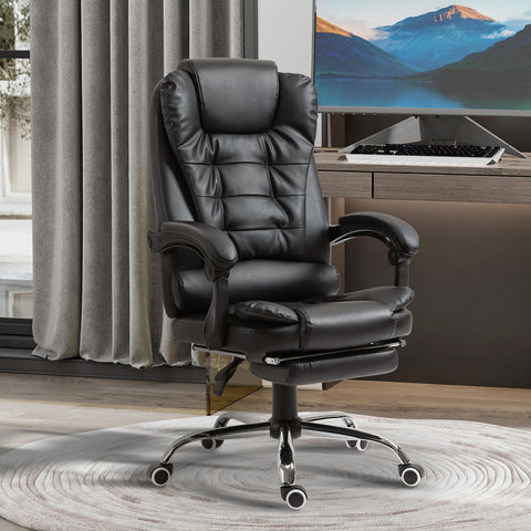 Cadeira de Escritório Reclinável Cadeira de Escritório com Apoio para os Pés Cadeira Executiva Giratória com Altura Ajustável Estofada em PU e Apoio para os Braços 64,5x69x109-117 cm Preto