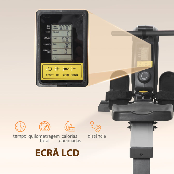 Máquina de Remo Dobrável com 8 Níveis de Resistência Magnética Volante de Inércia de 4kg Monitor LCD Aço Alumínio 185x58x57cm Carga 120kg Preta e Prata