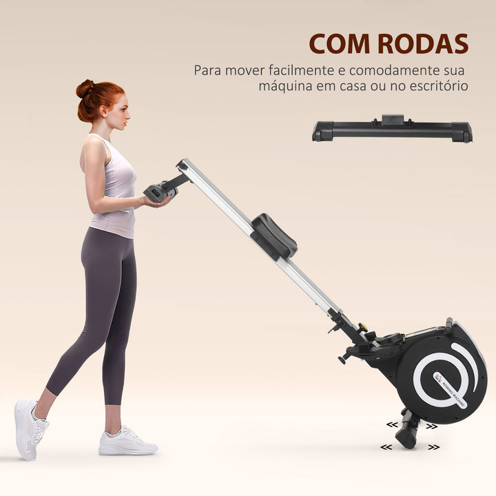 Máquina de Remo Dobrável com 8 Níveis de Resistência Magnética Volante de Inércia de 4kg Monitor LCD Aço Alumínio 185x58x57cm Carga 120kg Preta e Prata