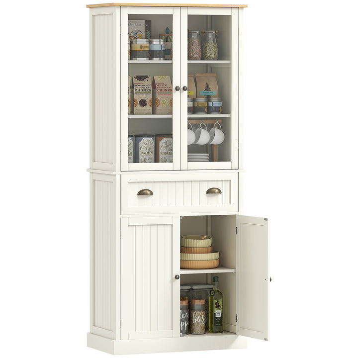 Armário de Cozinha com 2 Portas de Vidro 1 Gaveta e Prateleira Ajustável Móvel Auxiliar de Cozinha Anti-Tombo 76x40x182,5cm Creme