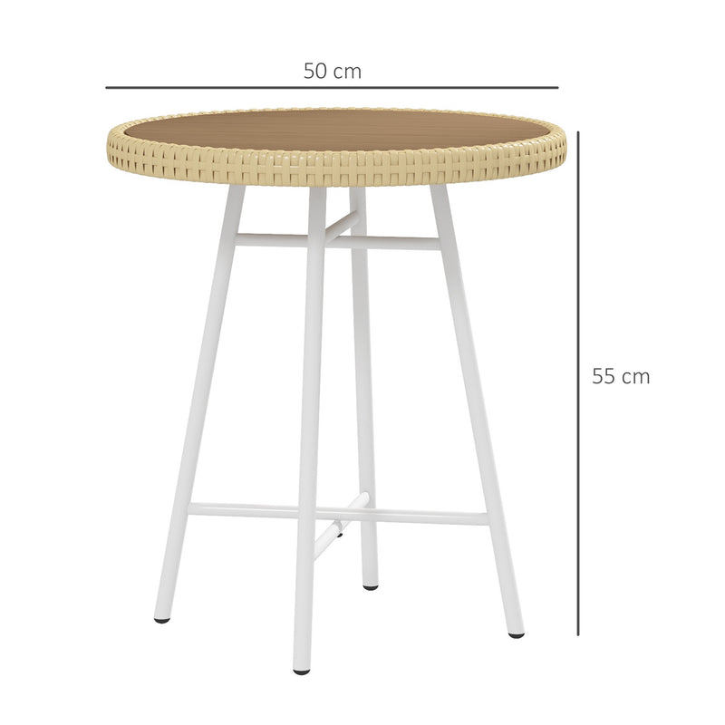 Mesa Auxiliar de Vime Sintético Mesa de Centro Redonda com Bancada de Madeira Plástica e Estrutura de Aço Galvanizado Carga Máxima 30 kg para Varanda Jardim 50x50x55 cm Madeira e Bege