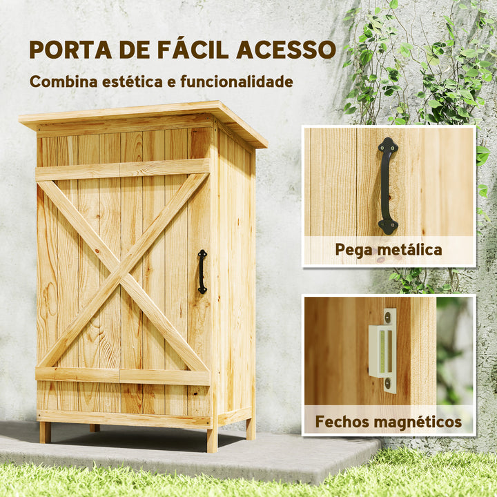 Armário de Jardim em Madeira 63,5x40x90 cm Armário de Exterior para Armazenamento de Ferramentas com 2 Prateleiras Porta Estilo Celeiro e Telhado em Aço Galvanizado Madeira