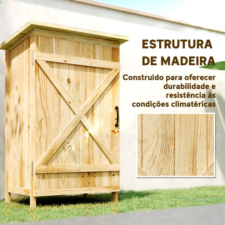 Armário de Jardim em Madeira 63,5x40x90 cm Armário de Exterior para Armazenamento de Ferramentas com 2 Prateleiras Porta Estilo Celeiro e Telhado em Aço Galvanizado Madeira