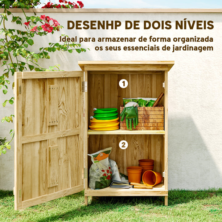 Armário de Jardim em Madeira 63,5x40x90 cm Armário de Exterior para Armazenamento de Ferramentas com 2 Prateleiras Porta Estilo Celeiro e Telhado em Aço Galvanizado Madeira