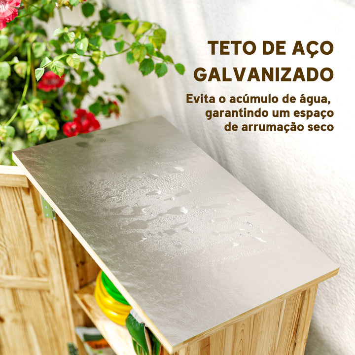 Armário de Jardim em Madeira 63,5x40x90 cm Armário de Exterior para Armazenamento de Ferramentas com 2 Prateleiras Porta Estilo Celeiro e Telhado em Aço Galvanizado Madeira