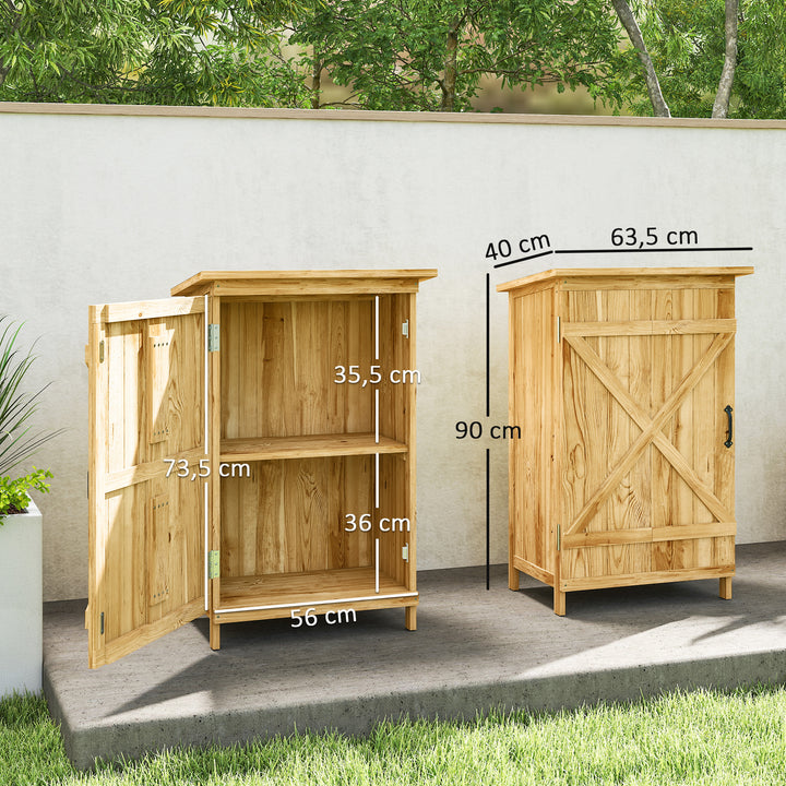 Armário de Jardim em Madeira 63,5x40x90 cm Armário de Exterior para Armazenamento de Ferramentas com 2 Prateleiras Porta Estilo Celeiro e Telhado em Aço Galvanizado Madeira