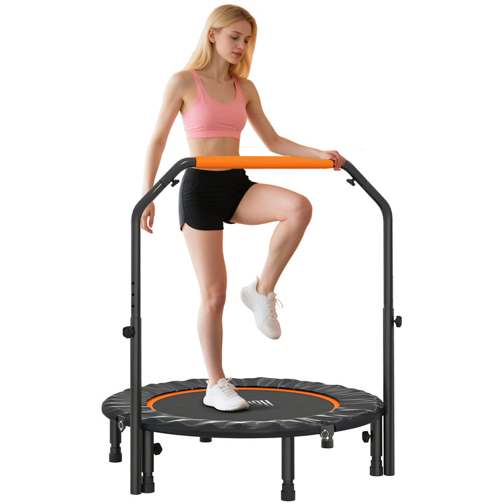 Trampolim Fitness Ø102 Trampolim Dobrável com Pega Ajustável em 4 Níveis Estrutura de Aço para Treino de Pernas Corpo em Casa Escritório Ginásio Preto e Laranja