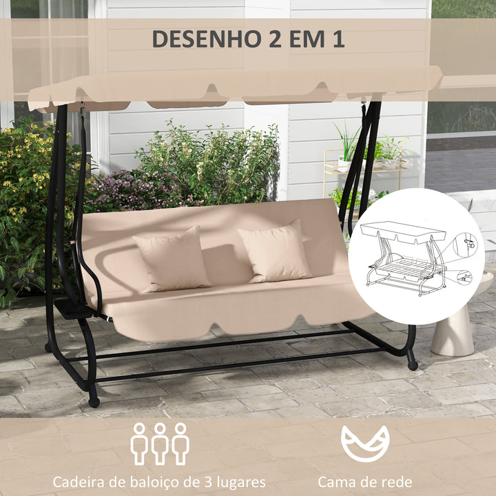 Banco Baloiço de Jardim Baloiço de Exterior com 3 Lugares 2 em 1 Banco Baloiço com Toldo Ajustável Bandejas Laterais e Almofadas para Varanda Pátio Carga 340 kg 200x120x164 cm Bege