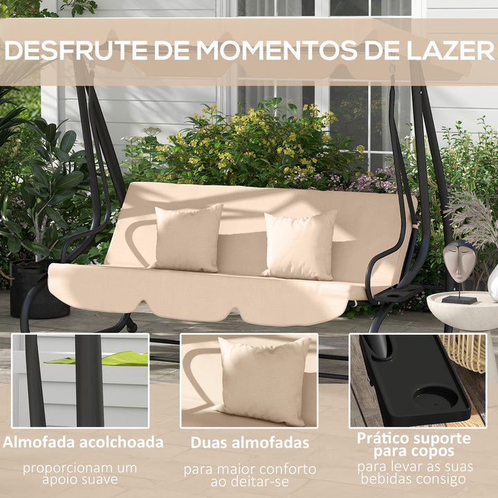 Banco Baloiço de Jardim Baloiço de Exterior com 3 Lugares 2 em 1 Banco Baloiço com Toldo Ajustável Bandejas Laterais e Almofadas para Varanda Pátio Carga 340 kg 200x120x164 cm Bege