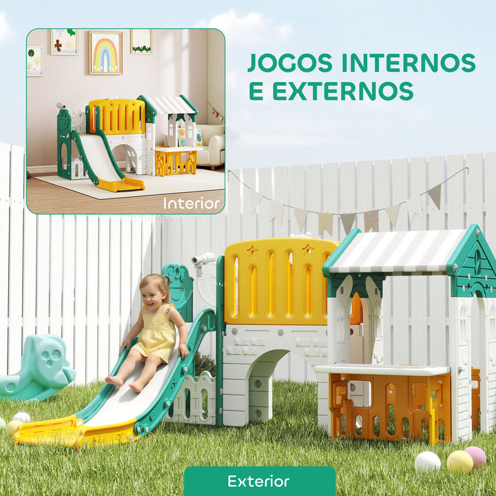 Escorrega Infantil 7 em 1 com Casinha para Crianças Escorrega com Escada Aro de Basquetebol Túnel Quadro Telescópio para Interior 189x180x111 cm Amarelo e Verde