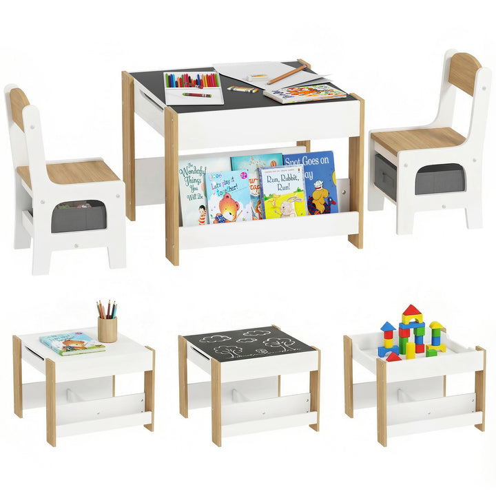 Conjunto de Mesa e 2 Cadeiras Infantis Mesa com Cadeiras para Crianças 2 em 1 com Ardósia Gavetas de Tecido e Espaço de Armazenamento para Quarto Sala de Jogos Cinza