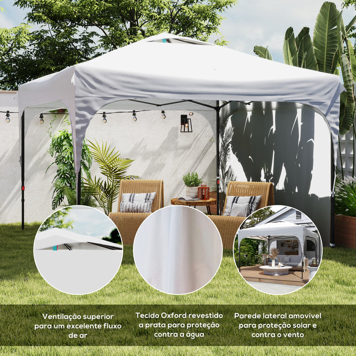 Tenda Dobrável 3x3m com Altura Ajustável Tenda de Jardim com 1 Parede Lateral Teto com Ventilação 4 Sacos de Areia e Bolsa de Transporte para Campismo Festas Branco