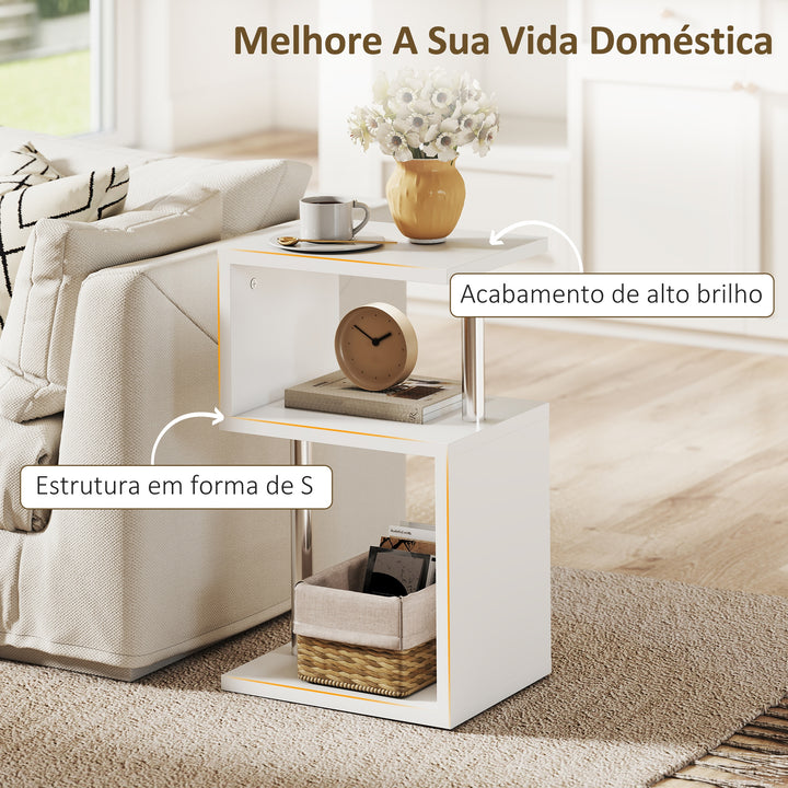 Mesa Auxiliar com Luz LED de 3 Níveis Mesa Auxiliar Moderna com Forma de S Prateleiras Abertas e Estrutura em Alumínio para Sala Quarto 44x38x75 cm Branco