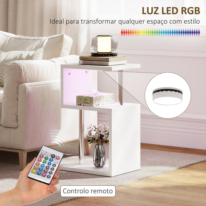 Mesa Auxiliar com Luz LED de 3 Níveis Mesa Auxiliar Moderna com Forma de S Prateleiras Abertas e Estrutura em Alumínio para Sala Quarto 44x38x75 cm Branco