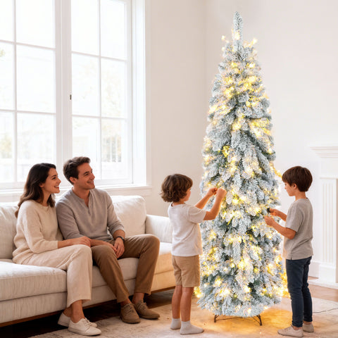 Árvore de Natal Estreita 180 cm Árvore de Natal Nevada com Luzes LED Bicolores Temporizador 11 Modos de Iluminação 540 Ramos Suporte em Aço Montagem Fácil Verde