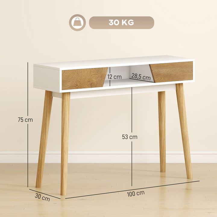 Mesa de Consola Estreita Consola de Entrada Mesa Consola Moderna com 2 Gavetas Compartimento e Pés de Madeira para Corredor Entrada Sala de Estar Dormitório 100x30x75 cm Branco