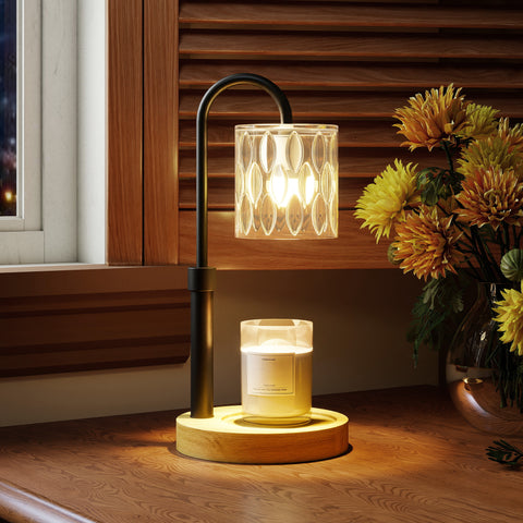 Candeeiro de Mesa Candeeiro Aquecedor de Vela com Base de Madeira Ecrã de Vidro Candeeiro de Mesa para Dormitório Sala de Estar Escritório Ø15x32,5 cm Multicor