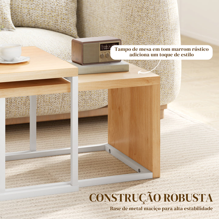 Conjunto de 2 Mesas de Centro Mesas de Café com Pés de Metal Estilo Industrial para Sala de Estar Sala de Jantar 90x48x42 cm e 59x42x36 cm Branco e Madeira